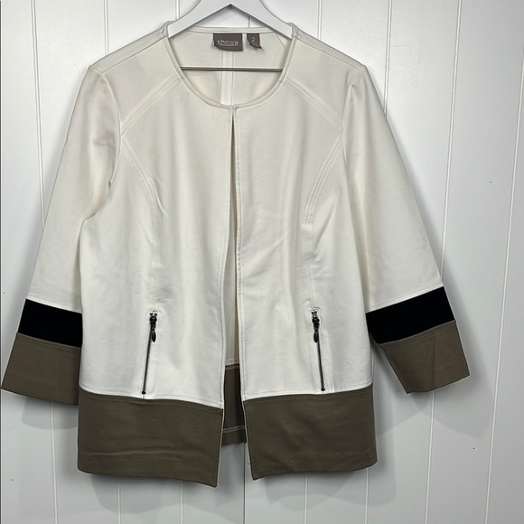 Chico's Jackets & Blazers - Chico”s Womens Open Front Jacket 2 (L) Cream Tan Black Color Block Ponte Elegant